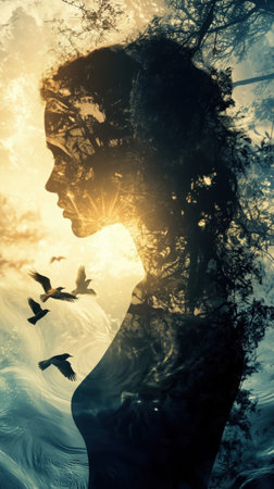 A woman's silhouette stands against a backdrop of sunlight filtering through trees, embodying tranquility as birds fly nearby. This serene moment captures the essence of nature and peace.の素材