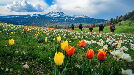 Vibrant wildflowers in shades of yellow, red, and white bloom in a lush meadow as hikers pause to appreciate the natural beauty under a clear sky. Snow-capped mountains loom in the background.の素材