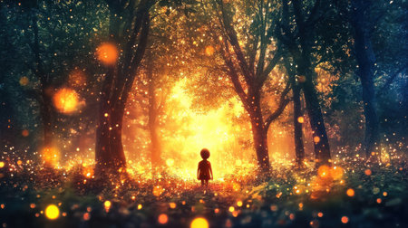 A child stands alone in a mystical forest, surrounded by warm, glowing light and luminous particles that create a magical atmosphere at twilight.の素材