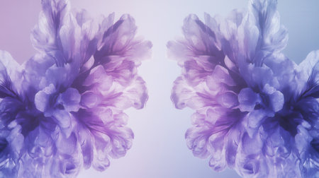 Two symmetrical lavender blooms appear softly layered over a gentle background, offering a tranquil view that evokes calmness and harmony in any space.の素材