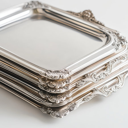 A collection of silver serving trays is arranged in a neat stack, revealing intricate ornamentation and polished surfaces. This elegant display highlights the timeless charm of formal dining.の素材