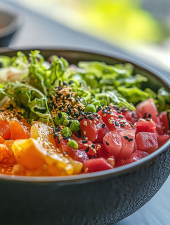 Close-up of a vibrant bowl filled with fresh greens, diced tomatoes, and colorful vegetables. This dish is perfect for a nutritious meal or refreshing snack at lunchtime.の素材