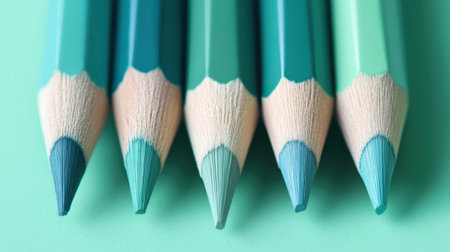Five pencils arranged in a gradient of teal and turquoise shades sit against a soft background, showcasing their sharp tips and a beautiful blend of colors under natural light.の素材