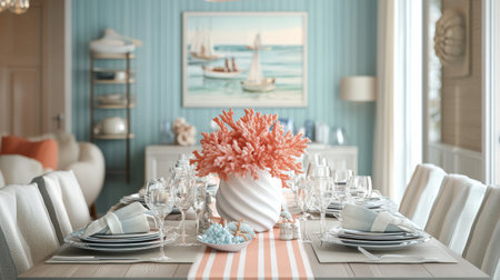 This dining room features a beautifully arranged table with a coral centerpiece, surrounded by elegant tableware and coastal-inspired decor. The atmosphere is inviting and serene.の素材