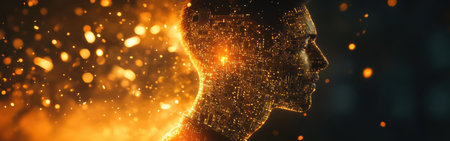 A luminous silhouette of a man emerges, intertwined with a radiant city skyline. The scene captures the essence of urban life, blending human and architecture at dusk.の素材