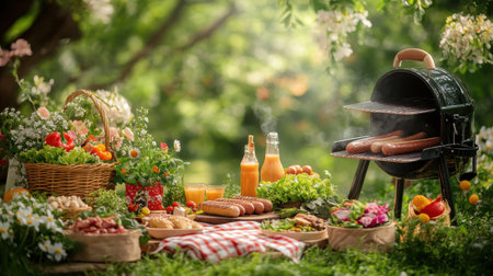 People gather in a lush garden to enjoy a picnic featuring a portable grill. Various delicious foods are spread out on blankets, surrounded by colorful flowers.の素材