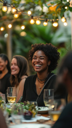 A woman with curly hair shares a hearty laugh at an outdoor dinner gathering surrounded by friends, string lights illuminating a lush garden atmosphere in the evening.の素材