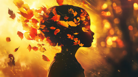 A child stands in profile, glowing with warmth as colorful autumn leaves swirl around, set in a tranquil forest during the golden hour of early evening, illuminating the scene.の素材