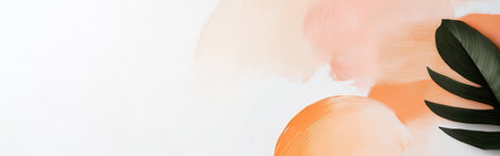 Abstract shapes in soft peach and earthy tones blend seamlessly on a minimalist white canvas, complemented by a vibrant green leaf, evoking tranquility and creativity.の素材