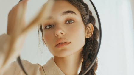 A young woman gazes thoughtfully into a mirror, her braided hair elegantly framing her face. Soft light enhances the serene atmosphere, emphasizing her natural beauty.の素材