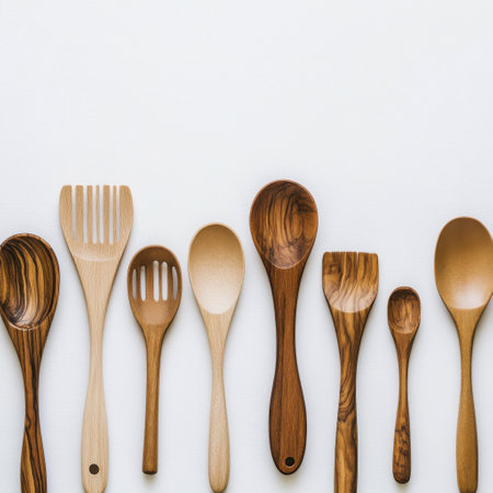 A collection of wooden spoons and spatulas is displayed neatly on a light background, showing their unique shapes and natural wood grains, ideal for culinary tasks and cooking.の素材