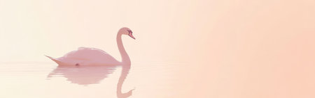 Soft hues illuminate a serene setting where a swan effortlessly glides across still water at dawn. The minimalist silhouette evokes tranquility and elegance in nature.の素材