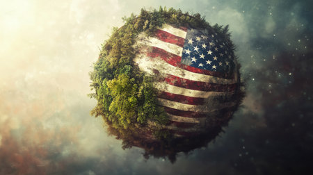 A globe featuring an American flag design is harmoniously blended with lush greenery, symbolizing a connection between patriotism and nature.の素材