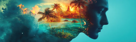 A man's profile blends harmoniously with a stunning tropical vista filled with palms and vibrant hues during sunset, capturing a sense of peace and connection with nature.の素材