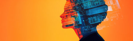 A striking silhouette of an architect appears amid a vibrant orange backdrop.の素材