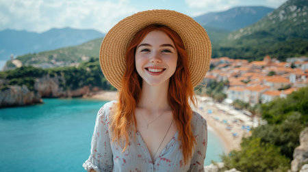 A red-haired woman with a warm smile enjoys the sunny atmosphere by the beach, surrounded by picturesque cliffs and a scenic village in the background.の素材
