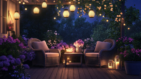 Cozy patio features comfortable seating surrounded by blooming flowers, glowing lanterns, and candles. Ideal for enjoying serene summer evenings with friends or family.の素材