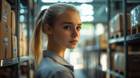 A young woman with blonde hair gazes thoughtfully towards the camera in a warehouse. Boxes are neatly arranged on shelves around her, illuminated by soft daylight.の素材