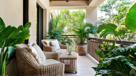 Rattan armchairs are arranged thoughtfully on a tropical-style balcony filled with vibrant greenery. The space offers a peaceful retreat surrounded by nature, perfect for lounging.の素材