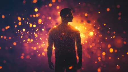 A silhouetted figure of a man stands amidst a swirl of glowing particles and enchanting light. This scene suggests an ethereal and mystical energy surrounding him in a captivating setting.の素材