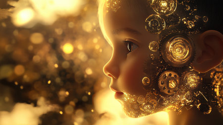 A child is illuminated by a vibrant glow, surrounded by intricate golden gears that evoke a sense of wonder. The warm light creates a magical atmosphere, enhancing the beauty of the child's features.の素材