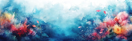 Bright coral reefs and marine life blend beautifully against a soft watercolor background, creating an enchanting underwater atmosphere with vivid colors and movement.の素材