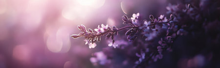 Soft lilac and deep plum bokeh lights illuminate delicate flowers, creating a whimsical ambiance in a serene twilight setting. The gentle glow enhances the beauty of nature's details.の素材