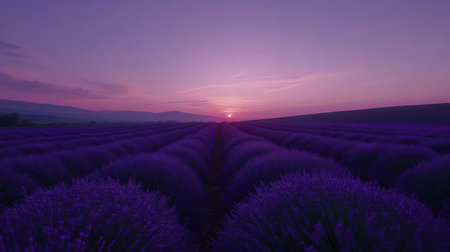 A vast field of lavender stretches towards the horizon, adorned with vibrant purple blooms as the sun sets, casting enchanting hues across the sky and landscape.の素材
