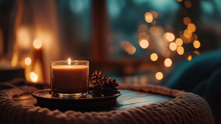 A softly lit room features a candle on a wooden table surrounded by pinecones. Warm caramel and chocolate brown bokeh lights enhance the cozy mood during the evening.の素材