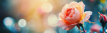 A beautifully bloomed pink rose glistens with dewdrops under soft morning light, set against a dreamy watercolor background in a tranquil garden filled with blossoms.の素材