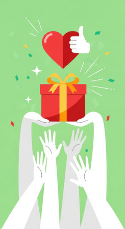 Hands of various people are reaching up toward a colorful gift wrapped with a bow. Above the gift, a heart and thumbs up highlight the celebration. The scene is cheerful and festive.の素材
