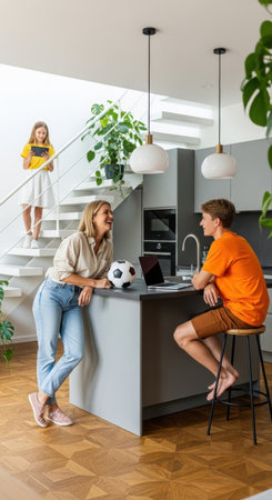 A mother and son are chatting at a kitchen island while a daughter stands on the stairs with a tablet. The bright space features plants and modern decor, creating a relaxed atmosphere.の素材