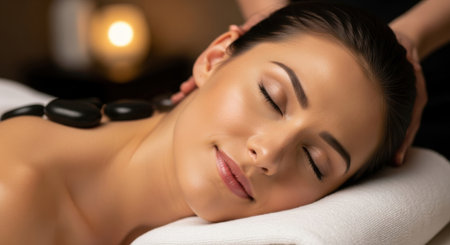 A woman enjoys a calming massage with hot stones placed on her back. She appears relaxed with her eyes closed, indicating a peaceful spa session aimed at relieving stress.の素材