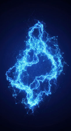 A vibrant display of glowing blue lines and dots forms an abstract network on a dark background, showing a dynamic, interconnected structure suggesting technology and communication.の素材