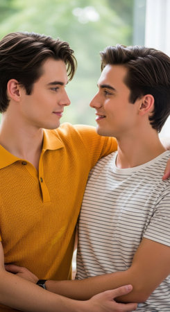In a warm and cozy room filled with natural light, two young men embrace each other affectionately. Their smiles reflect joy and connection, creating a heartwarming atmosphere.の素材