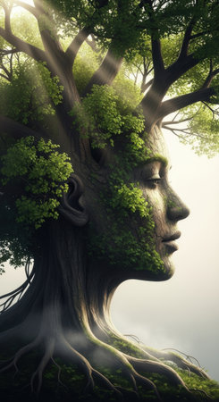 A woman's face subtly blends with the trunk and branches of a tree, embodying the connection between nature and humanity. Soft light filters through the leaves, creating a mystical atmosphere.の素材