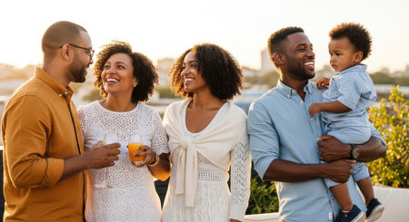 Five friends are smiling and enjoying each other's company on a rooftop terrace during a sunny afternoon. They are holding drinks and sharing joyful moments together.の素材