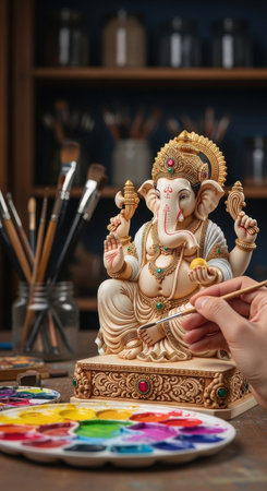In a serene studio, an artist paints a Ganesh idol with bright colors. The workspace is organized with brushes and paints, creating a peaceful atmosphere for creativity.の素材