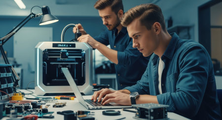 In a tech workshop, two young men collaborated on a 3D printing project. One operates the printer while the other focuses on a laptop surrounded by tools and electronic parts.の素材