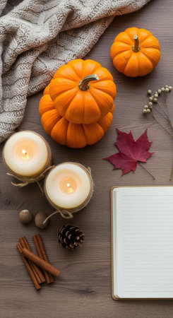 Bright orange pumpkins and lit candles create a warm, inviting atmosphere on a wooden table. A cozy blanket, a notebook, and autumn leaves complete the seasonal setting.の素材