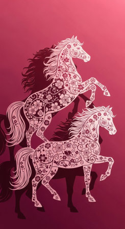 Two artistic horses stand proudly on their hind legs, adorned with detailed floral designs, set against a vibrant pink backdrop, creating a striking visual effect.の素材