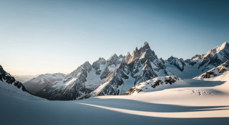 Breathtaking snow-covered mountain peaks are illuminated by the warm light of sunset. The scene captures the tranquility of the Alps, showcasing their majestic beauty in winter.の素材