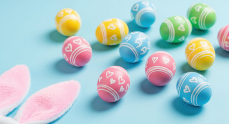 Brightly colored Easter eggs in pink, green, yellow, and blue are scattered on a light blue surface next to cute pink bunny ears. Perfect for spring festivities and celebrations.の素材