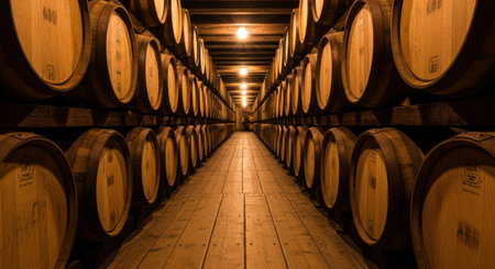 In a rustic winery cellar, wooden barrels are neatly arranged in rows, illuminated by warm, soft lighting. The ambiance is inviting and rich, perfect for wine aging.の素材