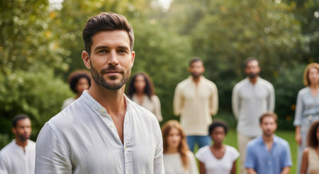 A man stands confidently in front of a diverse group of people in a green park. They appear to be enjoying a relaxed social gathering on a warm day.の素材