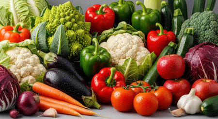 A vibrant collection of fresh vegetables is arranged neatly on a surface. Bright peppers, leafy greens, tomatoes, and root vegetables highlight nutritious choices for meals.の素材