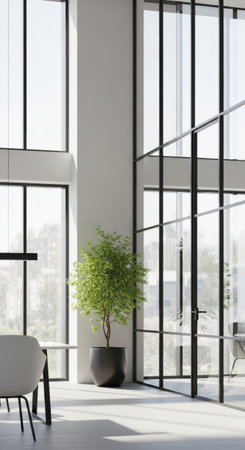Bright and airy office space large features windows letting in natural light. A potted plant adds a touch of nature, enhancing the minimalist decor.の素材