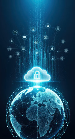 Visualization shows a digital globe with a cloud at the center, featuring a lock symbol. Surrounding icons represent various aspects of data security and connectivity.の素材