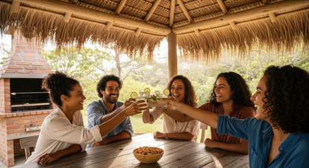 Five friends are sharing laughter and toasting with drinks at a table under a straw hut. They are enjoying a sunny day together. A bowl of snacks is also on the table.の素材