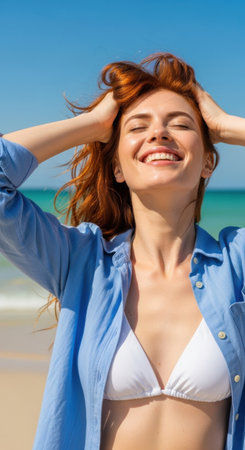 A cheerful woman with long red hair smiles broadly as she enjoys the warm sun and refreshing breeze on a beautiful beach day. She is wearing a bikini and a light shirt.の素材